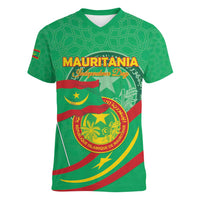 Personalized Mauritania Independence Day Women V-Neck T-Shirt Coat Of Arms With Map - Wonder Print Shop