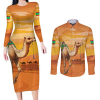 Personalized Mauritania Sahara Couples Matching Long Sleeve Bodycon Dress and Long Sleeve Button Shirt Camel With Map - Wonder Print Shop