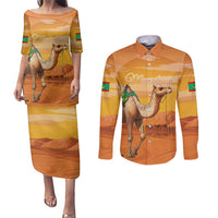 Personalized Mauritania Sahara Couples Matching Puletasi and Long Sleeve Button Shirt Camel With Map - Wonder Print Shop