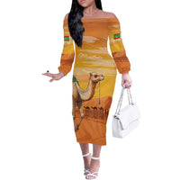 Personalized Mauritania Sahara Off The Shoulder Long Sleeve Dress Camel With Map - Wonder Print Shop