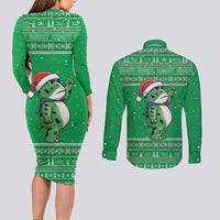 Funny Christmas Portland Frog Protest Couples Matching Long Sleeve Bodycon Dress and Long Sleeve Button Shirt Merry Frog-mas - Wonder Print Shop