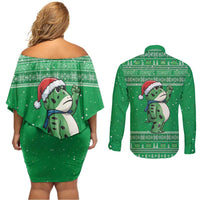 Funny Christmas Portland Frog Protest Couples Matching Off Shoulder Short Dress and Long Sleeve Button Shirt Merry Frog-mas - Wonder Print Shop