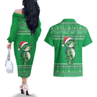Funny Christmas Portland Frog Protest Couples Matching Off The Shoulder Long Sleeve Dress and Hawaiian Shirt Merry Frog-mas - Wonder Print Shop