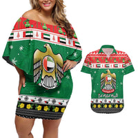 United Arab Emirates Christmas Couples Matching Off Shoulder Short Dress and Hawaiian Shirt Coat Of Arms Eid Milad Majid - Wonder Print Shop