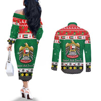 United Arab Emirates Christmas Couples Matching Off The Shoulder Long Sleeve Dress and Long Sleeve Button Shirt Coat Of Arms Eid Milad Majid