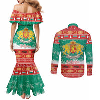 Bulgaria Christmas Couples Matching Mermaid Dress and Long Sleeve Button Shirt Coat Of Arms Vesela Koleda