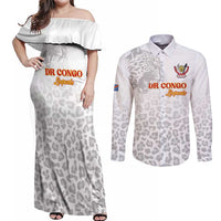 Custom DR Congo Football Couples Matching Off Shoulder Maxi Dress and Long Sleeve Button Shirt Go Champions Leopards - White - Wonder Print Shop