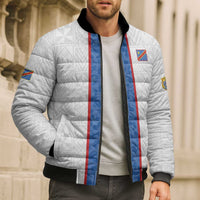 Custom DR Congo Football Bomber Puffer Jacket Leopards Mix Kuba Raffia Pattern - Wonder Print Shop