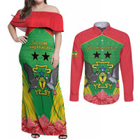 Personalised Sao Tome and Principe Couples Matching Off Shoulder Maxi Dress and Long Sleeve Button Shirt Coat Of Arms With Porcelana Rose