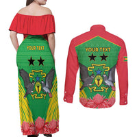 Personalised Sao Tome and Principe Couples Matching Off Shoulder Maxi Dress and Long Sleeve Button Shirt Coat Of Arms With Porcelana Rose
