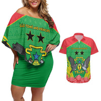 Personalised Sao Tome and Principe Couples Matching Off Shoulder Short Dress and Hawaiian Shirt Coat Of Arms With Porcelana Rose