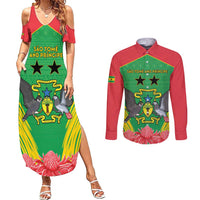 Personalised Sao Tome and Principe Couples Matching Summer Maxi Dress and Long Sleeve Button Shirt Coat Of Arms With Porcelana Rose