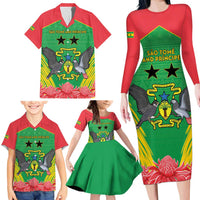 Personalised Sao Tome and Principe Family Matching Long Sleeve Bodycon Dress and Hawaiian Shirt Coat Of Arms With Porcelana Rose - Wonder Print Shop
