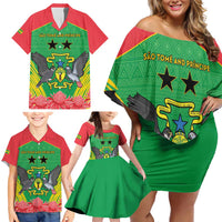 Personalised Sao Tome and Principe Family Matching Off Shoulder Short Dress and Hawaiian Shirt Coat Of Arms With Porcelana Rose - Wonder Print Shop