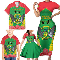 Personalised Sao Tome and Principe Family Matching Short Sleeve Bodycon Dress and Hawaiian Shirt Coat Of Arms With Porcelana Rose - Wonder Print Shop