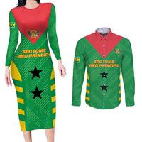 Custom Sao Tome and Principe Football Couples Matching Long Sleeve Bodycon Dress and Long Sleeve Button Shirt Go Champions - Green Ver
