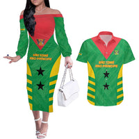 Custom Sao Tome and Principe Football Couples Matching Off The Shoulder Long Sleeve Dress and Hawaiian Shirt Go Champions - Green Ver