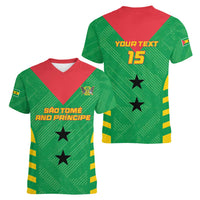 Custom Sao Tome and Principe Football Women V-Neck T-Shirt Go Champions - Green Ver - Wonder Print Shop