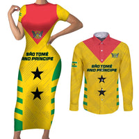 Custom Sao Tome and Principe Football Couples Matching Short Sleeve Bodycon Dress and Long Sleeve Button Shirt Go Champions - Yellow Ver