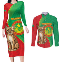 Personalised Mauritania Couples Matching Long Sleeve Bodycon Dress and Long Sleeve Button Shirt African Wild Cat With Coat Of Arms