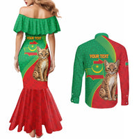 Personalised Mauritania Couples Matching Mermaid Dress and Long Sleeve Button Shirt African Wild Cat With Coat Of Arms