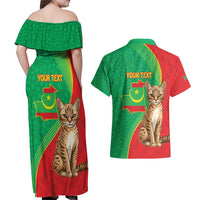 Personalised Mauritania Couples Matching Off Shoulder Maxi Dress and Hawaiian Shirt African Wild Cat With Coat Of Arms