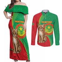 Personalised Mauritania Couples Matching Off Shoulder Maxi Dress and Long Sleeve Button Shirt African Wild Cat With Coat Of Arms