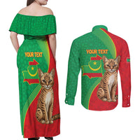 Personalised Mauritania Couples Matching Off Shoulder Maxi Dress and Long Sleeve Button Shirt African Wild Cat With Coat Of Arms
