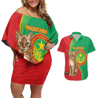Personalised Mauritania Couples Matching Off Shoulder Short Dress and Hawaiian Shirt African Wild Cat With Coat Of Arms
