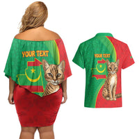 Personalised Mauritania Couples Matching Off Shoulder Short Dress and Hawaiian Shirt African Wild Cat With Coat Of Arms