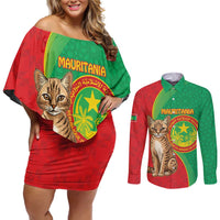 Personalised Mauritania Couples Matching Off Shoulder Short Dress and Long Sleeve Button Shirt African Wild Cat With Coat Of Arms