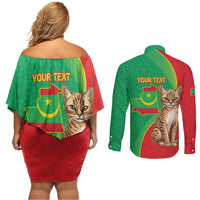 Personalised Mauritania Couples Matching Off Shoulder Short Dress and Long Sleeve Button Shirt African Wild Cat With Coat Of Arms