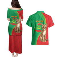 Personalised Mauritania Couples Matching Puletasi and Hawaiian Shirt African Wild Cat With Coat Of Arms