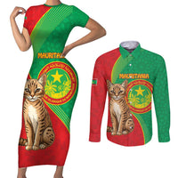 Personalised Mauritania Couples Matching Short Sleeve Bodycon Dress and Long Sleeve Button Shirt African Wild Cat With Coat Of Arms
