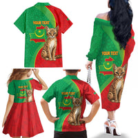 Personalised Mauritania Family Matching Off The Shoulder Long Sleeve Dress and Hawaiian Shirt African Wild Cat With Coat Of Arms