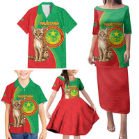 Personalised Mauritania Family Matching Puletasi and Hawaiian Shirt African Wild Cat With Coat Of Arms
