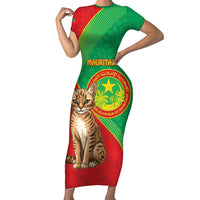Personalised Mauritania Family Matching Short Sleeve Bodycon Dress and Hawaiian Shirt African Wild Cat With Coat Of Arms - Wonder Print Shop