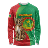 Personalised Mauritania Long Sleeve Shirt African Wild Cat With Coat Of Arms - Wonder Print Shop