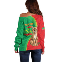 Personalised Mauritania Off Shoulder Sweater African Wild Cat With Coat Of Arms - Wonder Print Shop