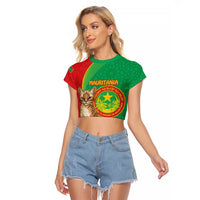 Personalised Mauritania Raglan Cropped T Shirt African Wild Cat With Coat Of Arms - Wonder Print Shop