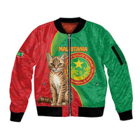 Personalised Mauritania Sleeve Zip Bomber Jacket African Wild Cat With Coat Of Arms - Wonder Print Shop