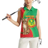 Personalised Mauritania Women Sleeveless Polo Shirt African Wild Cat With Coat Of Arms - Wonder Print Shop
