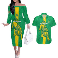 Custom Mauritania Football Couples Matching Off The Shoulder Long Sleeve Dress and Hawaiian Shirt Go Al-Murabitun