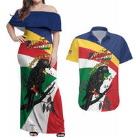Personalized Seychelles Independence Day Couples Matching Off Shoulder Maxi Dress and Hawaiian Shirt Coat Of Arms Black Parrot
