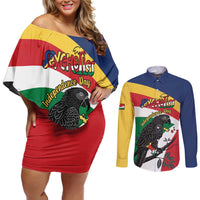 Personalized Seychelles Independence Day Couples Matching Off Shoulder Short Dress and Long Sleeve Button Shirt Coat Of Arms Black Parrot
