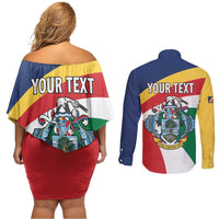 Personalized Seychelles Independence Day Couples Matching Off Shoulder Short Dress and Long Sleeve Button Shirt Coat Of Arms Black Parrot