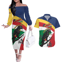 Personalized Seychelles Independence Day Couples Matching Off The Shoulder Long Sleeve Dress and Hawaiian Shirt Coat Of Arms Black Parrot