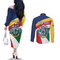 Personalized Seychelles Independence Day Couples Matching Off The Shoulder Long Sleeve Dress and Long Sleeve Button Shirt Coat Of Arms Black Parrot