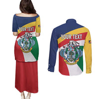 Personalized Seychelles Independence Day Couples Matching Puletasi and Long Sleeve Button Shirt Coat Of Arms Black Parrot