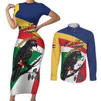 Personalized Seychelles Independence Day Couples Matching Short Sleeve Bodycon Dress and Long Sleeve Button Shirt Coat Of Arms Black Parrot